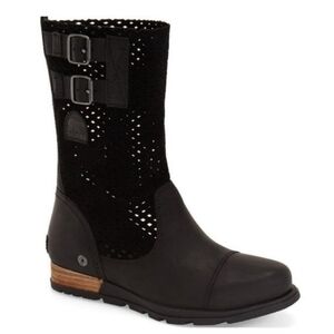 SOREL Major Pull-On Perforated Black Leather/ Suede Moto Biker Boots
